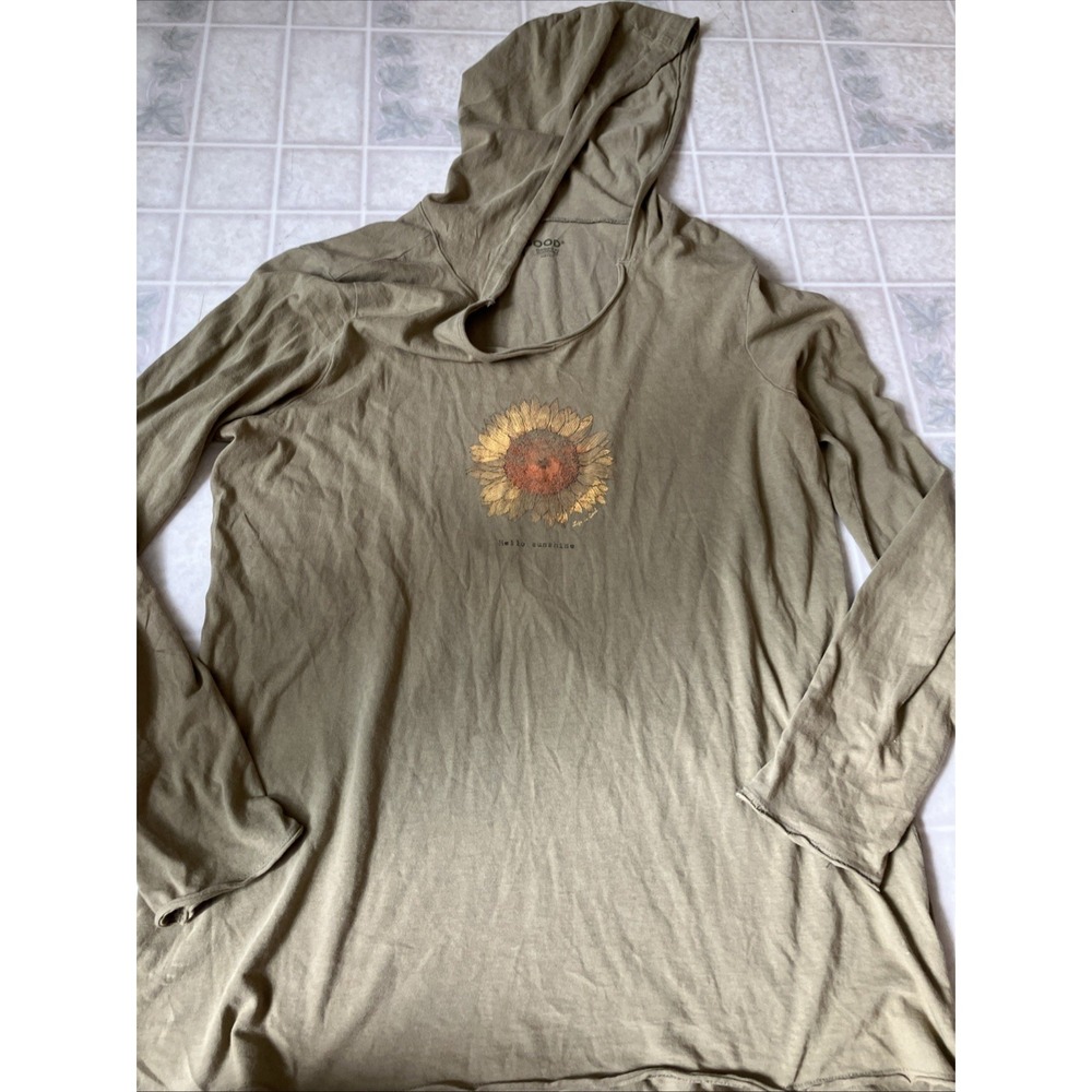 Life Is Good Hoodie Olive Green Crusher Lite Daisy Graphic V-Neck Hello Sunshine